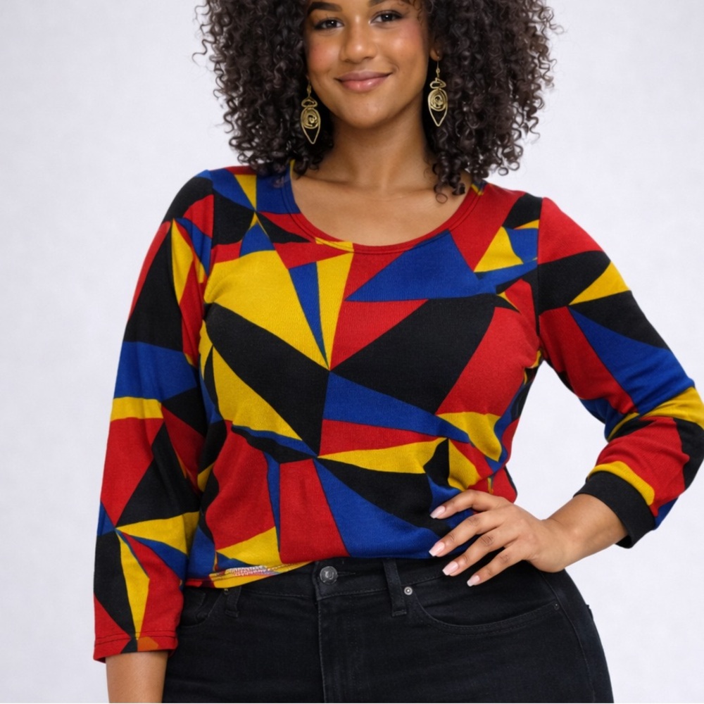 Geometric Colorblock Knit Top Ruched Sides 3/4 Sleeve Art Print Size M